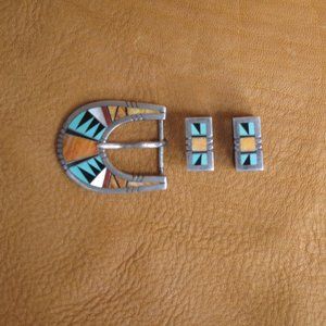 Vintage Sterling Inlay Ranger Belt Buckle Set